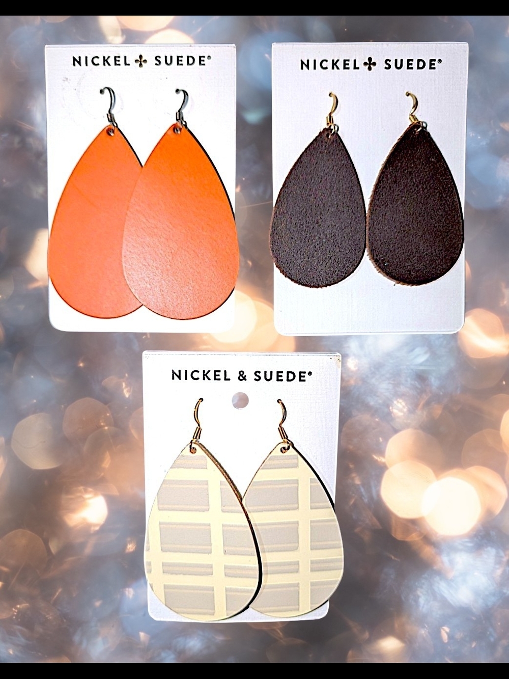 *FALL*LOT Of 3 Pairs Nickel & Suede Orange, Cream, Teardrop Leather Earrings NWO